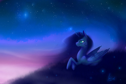 Size: 1800x1200 | Tagged: safe, artist:juliwu, princess luna, g4, female, night, solo, stars