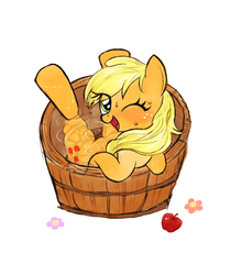 Size: 1023x1218 | Tagged: safe, artist:momo, applejack, g4, bath, female, looking back, simple background, solo, tub, wink