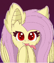 Size: 500x583 | Tagged: safe, artist:pegamutt, fluttershy, bat pony, pony, bats!, g4, animated, ask, cute, female, flutterbat, long tongue, race swap, solo, tongue out, tumblr