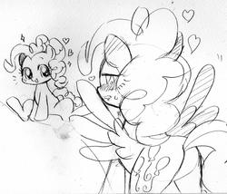Size: 1022x873 | Tagged: safe, artist:momo, pinkie pie, surprise, earth pony, pegasus, pony, g4, blushing, butt, cute, diapinkes, female, floating heart, heart, ink drawing, lesbian, lineart, mare, monochrome, plot, ship:pinkieprise, shipping, traditional art