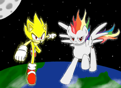 Size: 1851x1338 | Tagged: safe, artist:megaartist923, rainbow dash, g4, crossover, male, sonic the hedgehog, sonic the hedgehog (series), space, super rainbow dash, super sonic