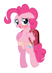 Size: 600x848 | Tagged: safe, artist:momo, pinkie pie, earth pony, pony, g4, backpack, bipedal, blushing, clothes, cute, diapinkes, embarrassed, embarrassed grin, embarrassed underwear exposure, female, fundoshi, loincloth, panties, solo, sweat, underwear