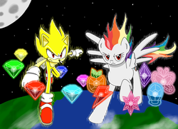 Size: 1851x1338 | Tagged: safe, artist:megaartist923, rainbow dash, g4, chaos emerald, crossover, elements of harmony, male, sonic the hedgehog, sonic the hedgehog (series), space, super rainbow dash, super sonic