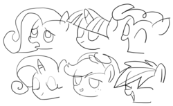 Size: 1023x626 | Tagged: safe, artist:momo, applejack, fluttershy, pinkie pie, rainbow dash, rarity, twilight sparkle, g4, mane six, monochrome