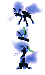 Size: 1143x1920 | Tagged: dead source, safe, artist:nohooves, nightmare moon, oc, oc:anon, alicorn, human, pony, g4, :t, angry, bedroom eyes, comic, cute, ear scratch, frown, glowing eyes, hand, helmet, horseshoes, moonabetes, nicemare moon, open mouth, petting, peytral, simple background, sitting, smiling, solo focus, spread wings, white background, wide eyes, yelling