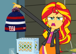 Size: 800x567 | Tagged: safe, sunset shimmer, equestria girls, g4, american football, exploitable meme, female, giants, hat, meme, new york giants, nfl, solo, sunset is disgusted