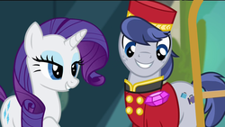 Size: 1920x1080 | Tagged: safe, edit, screencap, rarity, welcome inn, earth pony, pony, unicorn, g4, rarity takes manehattan, bellhop, bellhop pony, duo, eyeshadow, female, gem, horn, lidded eyes, male, mare, smiling, stallion