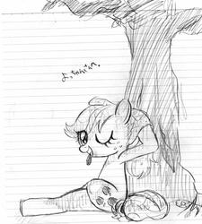 Size: 716x796 | Tagged: safe, artist:momo, applejack, g4, female, grayscale, japanese, lined paper, monochrome, sitting, solo, traditional art, tree, wink