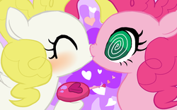 Size: 1024x640 | Tagged: dead source, safe, artist:momo, pinkie pie, surprise, earth pony, pegasus, pony, g1, g4, adoraprise, blushing, cute, diapinkes, eyes closed, female, forced kiss, forced shipping, g1 to g4, generation leap, hypno pie, hypnosis, kiss on the lips, kissing, lesbian, mare, mind control, purple background, remote, ship:pinkieprise, simple background, swirly eyes