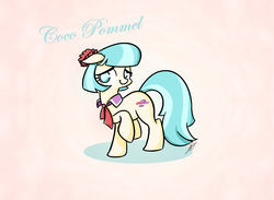 Size: 1502x1097 | Tagged: safe, artist:alskylark, coco pommel, earth pony, pony, g4, rarity takes manehattan, :t, cute, female, floppy ears, looking at you, mare, neckerchief, raised hoof, shadow, shy, simple background, smiling, solo, standing, text, white background