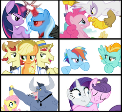 Size: 1921x1754 | Tagged: safe, applejack, flam, flim, fluttershy, gilda, iron will, lightning dust, pinkie pie, rainbow dash, rarity, suri polomare, trixie, twilight sparkle, alicorn, griffon, pony, g4, alicorn amulet, debate in the comments, female, flim flam brothers, mane six, mare, rivalry, twilight sparkle (alicorn)