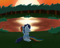 Size: 1280x1024 | Tagged: safe, artist:samrosemodblog, rainbow dash, soarin', g4, female, hug, lake, male, ship:soarindash, shipping, straight, sunset