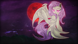 Size: 1920x1080 | Tagged: safe, artist:cyanaeolin, artist:vipeydashie, edit, fluttershy, bat pony, pony, g4, female, flutterbat, looking at you, moon, night, race swap, solo, wallpaper