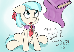 Size: 1280x903 | Tagged: safe, artist:fearingfun, coco pommel, earth pony, pony, g4, rarity takes manehattan, cocobetes, cute, dialogue, fabric, female, mare, open mouth, sitting, solo, working