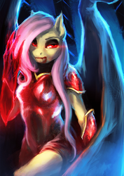 Size: 980x1386 | Tagged: safe, artist:elkaart, fluttershy, bat pony, vampire, anthro, g4, armor, female, flutterbat, glowing eyes, looking at you, race swap, solo