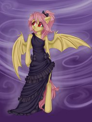 Size: 1921x2527 | Tagged: safe, artist:misukitty, fluttershy, bat pony, pony, semi-anthro, g4, clothes, dress, female, flutterbat, goth, gothic, race swap, solo