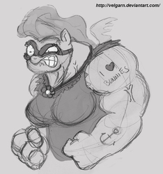 Size: 706x754 | Tagged: safe, artist:velgarn, fluttershy, saddle rager, anthro, g4, power ponies (episode), bloodshot eyes, breasts, busty fluttershy, female, flutterhulk, funny, monochrome, muscles, popeye, power ponies, rage, rustled my jimmies, sketch, solo, tattoo, the incredible hulk