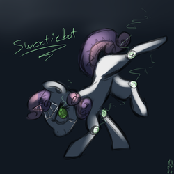 Size: 1024x1024 | Tagged: safe, artist:imsokyo, sweetie belle, pony, robot, unicorn, g4, female, filly, foal, hooves, horn, simple background, smiling, solo, sweetie bot, text