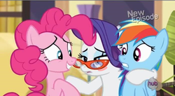 Size: 699x383 | Tagged: safe, edit, screencap, pinkie pie, rainbow dash, rarity, g4, rarity takes manehattan, blushing, drunk, drunk rarity, glasses