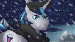 Size: 1024x576 | Tagged: safe, artist:mylittlesheepy, shining armor, pony, unicorn, g4, the crystal empire, butt, male, plot, redraw, scene interpretation, snow, snow goggles, snowfall, solo, stallion