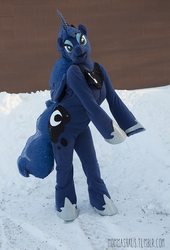 Size: 700x1032 | Tagged: safe, artist:sheppymomma, princess luna, g4, clothes, cosplay, costume, furry, fursuit, irl, outdoors, photo, snow, solo