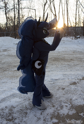 Size: 700x1029 | Tagged: safe, artist:sheppymomma, princess luna, g4, clothes, cosplay, costume, furry, fursuit, irl, outdoors, photo, snow, solo