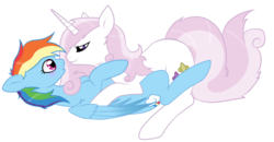 Size: 1238x646 | Tagged: safe, artist:shark-sheep, fleur-de-lis, rainbow dash, pegasus, pony, unicorn, g4, female, fleurdash, lesbian, mare, shipping, simple background, transparent background