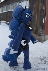 Size: 700x1028 | Tagged: safe, artist:sheppymomma, princess luna, g4, clothes, cosplay, costume, furry, fursuit, irl, outdoors, photo, snow, solo