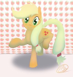 Size: 870x919 | Tagged: dead source, safe, artist:php38, applejack, earth pony, pony, g4, apple, female, looking at you, prancing, solo