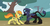 Size: 3166x1622 | Tagged: safe, artist:ambris, artist:amino, oc, oc only, oc:graceful sunrise, griffon, pegasus, pony, bandolier, dagger, eye contact, glare, goggles, smiling, sword, weapon