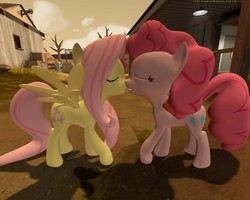 Size: 1280x1024 | Tagged: safe, artist:gergta, fluttershy, pinkie pie, rainbow dash, earth pony, pegasus, pony, g4, 3d, female, gmod, imminent kissing, kissing, lesbian, mare, ship:flutterpie, shipping