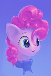 Size: 630x931 | Tagged: safe, artist:icefairy64, pinkie pie, earth pony, pony, g4, blue background, bust, clothes, cute, diapinkes, female, mare, open mouth, portrait, scarf, simple background, solo