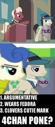 Size: 500x1134 | Tagged: safe, edit, edited screencap, screencap, beaude mane, blueberry curls, lucky breaks, earth pony, pony, g4, rarity takes manehattan, /mlp/, 4chan, background pony, female, hub logo, image macro, impact font, male, manehattan, mare, meme, stallion