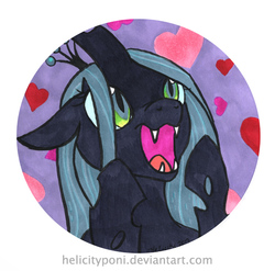 Size: 600x592 | Tagged: safe, artist:helicityponi, queen chrysalis, changeling, changeling queen, g4, button, cute, cutealis, female, heart, portrait, solo, traditional art