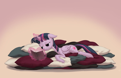 Size: 1705x1088 | Tagged: safe, artist:dannylim86, twilight sparkle, alicorn, pony, g4, book, female, magic, mare, pile, pillow, reading, solo, tired, twilight sparkle (alicorn)