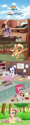 Size: 1414x5919 | Tagged: safe, artist:dannylim86, applejack, fluttershy, pinkie pie, rainbow dash, rarity, twilight sparkle, earth pony, pegasus, pony, squirrel, unicorn, g4, animal, applebucking, baking, book, cooking, female, first aid, first aid kit, golden oaks library, kitchen, library, mane six, mare, sewing, sitting, slice of life, working, writing