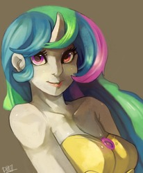 Size: 1080x1311 | Tagged: dead source, safe, artist:dhui, princess celestia, human, g4, breastplate, female, horn, horned humanization, humanized, shoulderless, solo