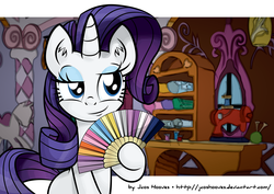 Size: 1772x1253 | Tagged: safe, artist:jcosneverexisted, rarity, pony, unicorn, g4, carousel boutique, fan, female, handheld fan, smugity, solo