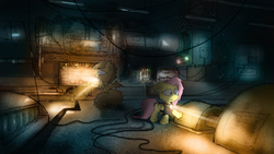 Size: 2560x1440 | Tagged: safe, artist:fuzzyfox11, fluttershy, oc, g4, science fiction