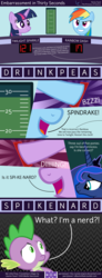 Size: 6400x17300 | Tagged: safe, artist:parclytaxel, princess luna, rainbow dash, spike, twilight sparkle, alicorn, pony, g4, .svg available, absurd resolution, anagram, clock, comic, countdown (channel 4), female, game show, hooves, joy buzzer, mare, mouth, nerd, parody, pun, puzzle, sand clock, twilight sparkle (alicorn), vector