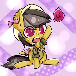 Size: 700x700 | Tagged: dead source, safe, artist:lessue, daring do, pegasus, pony, g4, bandaged wing, bow, chibi, cute, daring dorable, female, heart eyes, sitting, solo, wingding eyes
