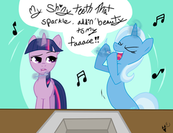 Size: 1833x1412 | Tagged: safe, artist:ticklemefrosty, trixie, twilight sparkle, g4, my shiny teeth and me, singing, the fairly oddparents, toothbrush