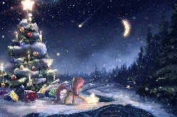Size: 800x533 | Tagged: safe, artist:sylar113, fluttershy, pegasus, pony, g4, animated, bauble, christmas, christmas ornament, christmas tree, crescent moon, decoration, female, forest, glowing, moon, night, present, shooting star, snow, snowfall, solo, stars, tangible heavenly object, tree, winter