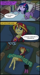 Size: 700x1301 | Tagged: safe, artist:uotapo, spike, sunset shimmer, twilight sparkle, dog, human, equestria girls, g4, my little pony equestria girls, arm behind head, barefoot, basketball, book, book bed, boots, clothes, comic, cute, dialogue, eyes closed, feet, female, football, grin, homeless, jacket, library, looking up, male, on back, paws, shoes, skirt, sleeping, smiling, smirk, speech bubble, spikabetes, spike the dog