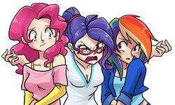 Size: 4500x2700 | Tagged: safe, artist:kianamai, pinkie pie, rainbow dash, rarity, human, g4, rarity takes manehattan, angry, cleavage, female, glasses, humanized, light skin, midriff, ponytail, scene interpretation