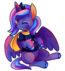 Size: 969x1066 | Tagged: safe, artist:cherivinca, princess luna, g4, chibi, clothes, female, filly, scarf, shirt, simple background, sitting, solo, wink, woona