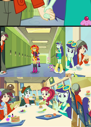 Size: 640x888 | Tagged: safe, screencap, aqua blossom, blueberry cake, fluttershy, normal norman, rose heart, spike, sunset shimmer, twilight sparkle, dog, equestria girls, equestria girls (movie), g4, background human, fashionistas, holding hands, normalcake, spike the dog