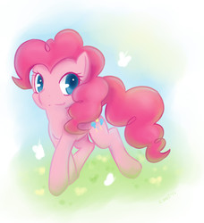 Size: 1366x1500 | Tagged: safe, artist:caninelove, pinkie pie, butterfly, earth pony, pony, g4, cute, diapinkes, female, mare, solo