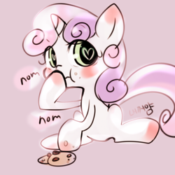 Size: 700x700 | Tagged: dead source, safe, artist:lessue, sweetie belle, g4, cookie, cute, diasweetes, eating, female, korean, solo