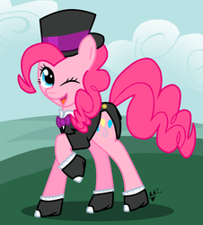 Size: 1277x1414 | Tagged: safe, artist:ticklemefrosty, pinkie pie, g4, bowtie, clothes, female, hat, solo, spats, suit, top hat, wink